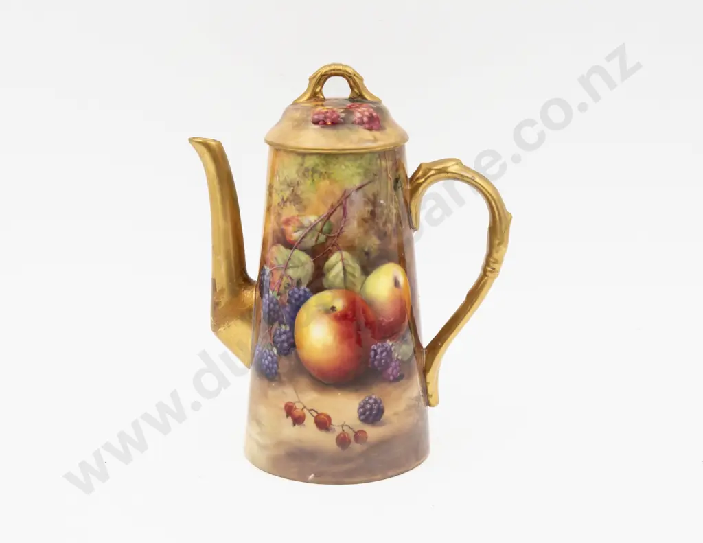 C1929 Royal Worcester Coffee Pot Hand Painted with Fruits Signed H H Price 20cm H (A/F) Image 1++