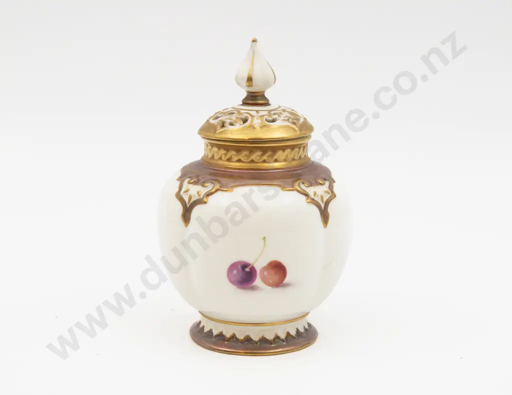 Post 1975 Royal Worcester Pot & Cover Hand Painted with Fruits Signed D Shinnie 14cm H Image 1++