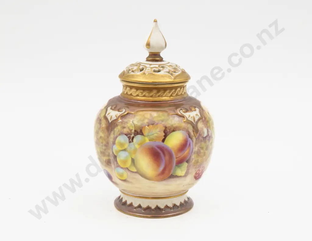 Post 1975 Royal Worcester Pot & Cover Hand Painted with Fruits Signed D Shinnie 14cm H Image 1++
