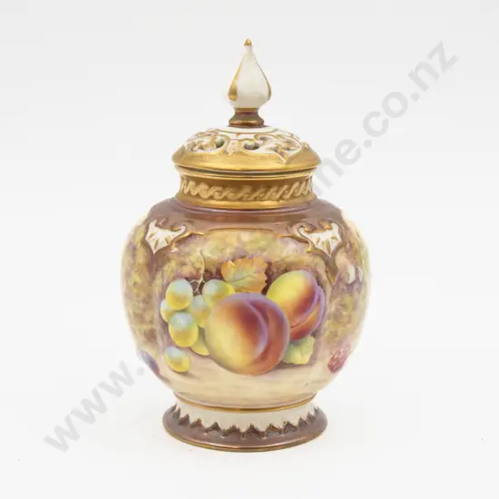 Post 1975 Royal Worcester Pot & Cover Hand Painted with Fruits Signed D Shinnie 14cm H