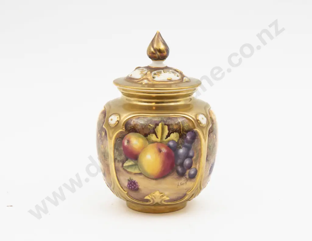 Post 1975 Royal Worcester Pot & Cover Hand Painted with Fruits Signed A Kendry 12.5cm H Image 1++