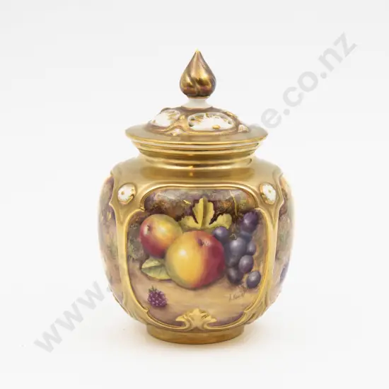 Post 1975 Royal Worcester Pot & Cover Hand Painted with Fruits Signed A Kendry 12.5cm H