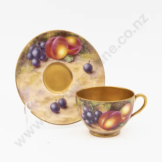 C1953 Royal Worcester Teacup & Saucer Hand Painted with Fruits Signed Freeman