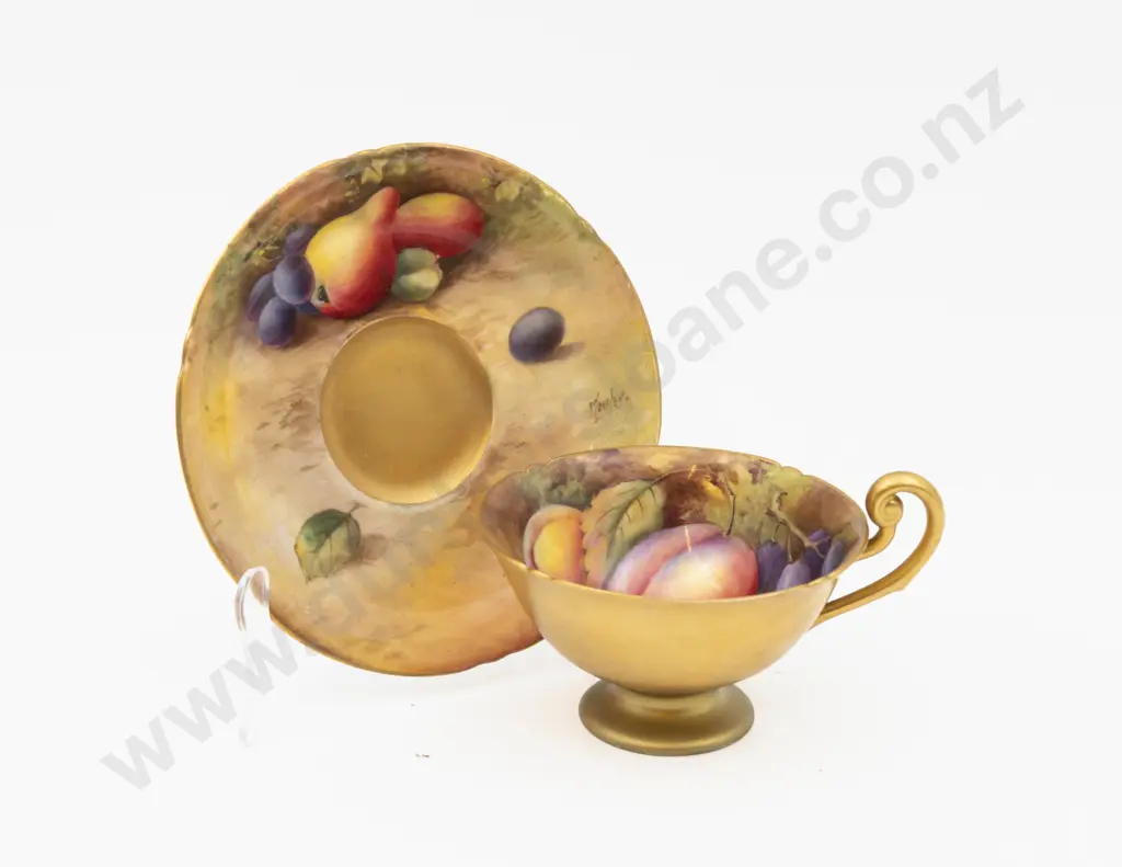 C1930 Royal Worcester Composed Teacup & Saucer Hand Painted with Fruits Signed Moseley & N H Price Image 1++