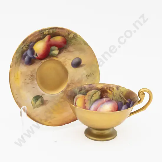 C1930 Royal Worcester Composed Teacup & Saucer Hand Painted with Fruits Signed Moseley & N H Price