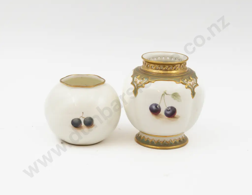 C1949 & C1950 Royal Worcester Vases Hand Painted with Fruits Signed N Ayrton & Roberts 9.5cm H & 6.5cm H Image 1++