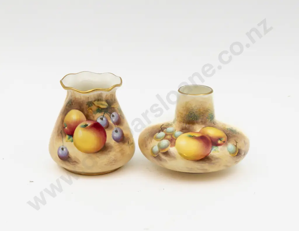 Two Post 1975 Royal Worcester Vases Hand Painted with Fruits Signed Roberts 8.5cm H & 7.5cm H Image 1++