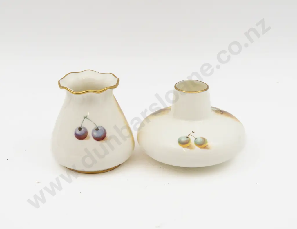 Two Post 1975 Royal Worcester Vases Hand Painted with Fruits Signed Roberts 8.5cm H & 7.5cm H Image 1++