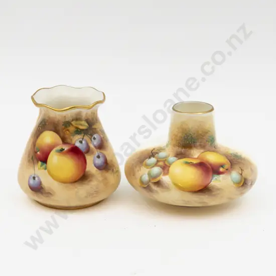 Two Post 1975 Royal Worcester Vases Hand Painted with Fruits Signed Roberts 8.5cm H & 7.5cm H