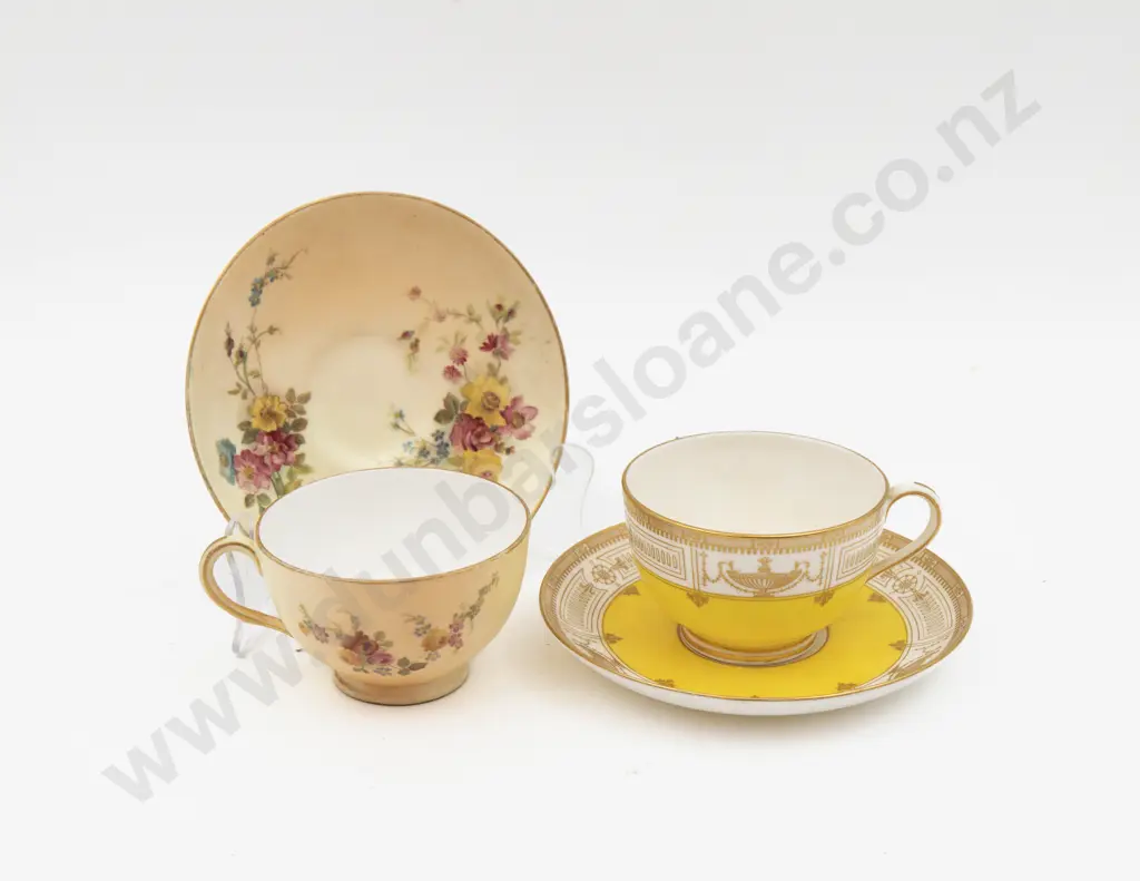 C1897 Royal Worcester Peach Ground Teacup & Saucer Hand Painted with Florals & Other Image 1++
