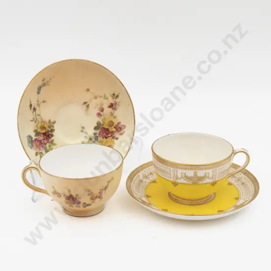 C1897 Royal Worcester Peach Ground Teacup & Saucer Hand Painted with Florals & Other