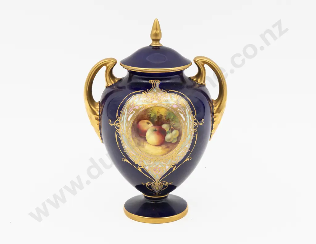 C1932 Royal Worcester Covered Urn Hand Painted Fruit Cartouche Signed Moseley 17cm H Image 1++