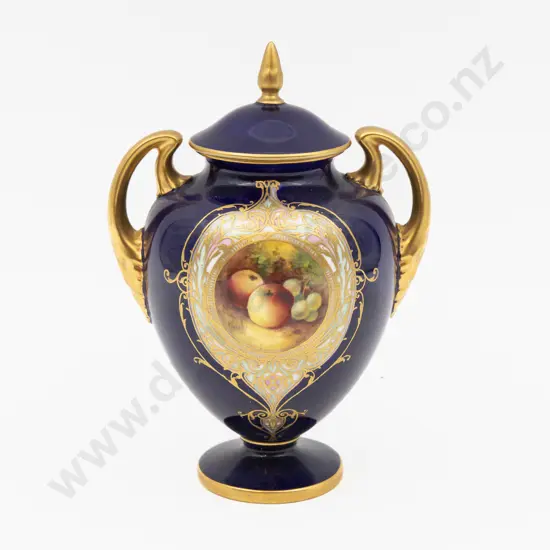 C1932 Royal Worcester Covered Urn Hand Painted Fruit Cartouche Signed Moseley 17cm H