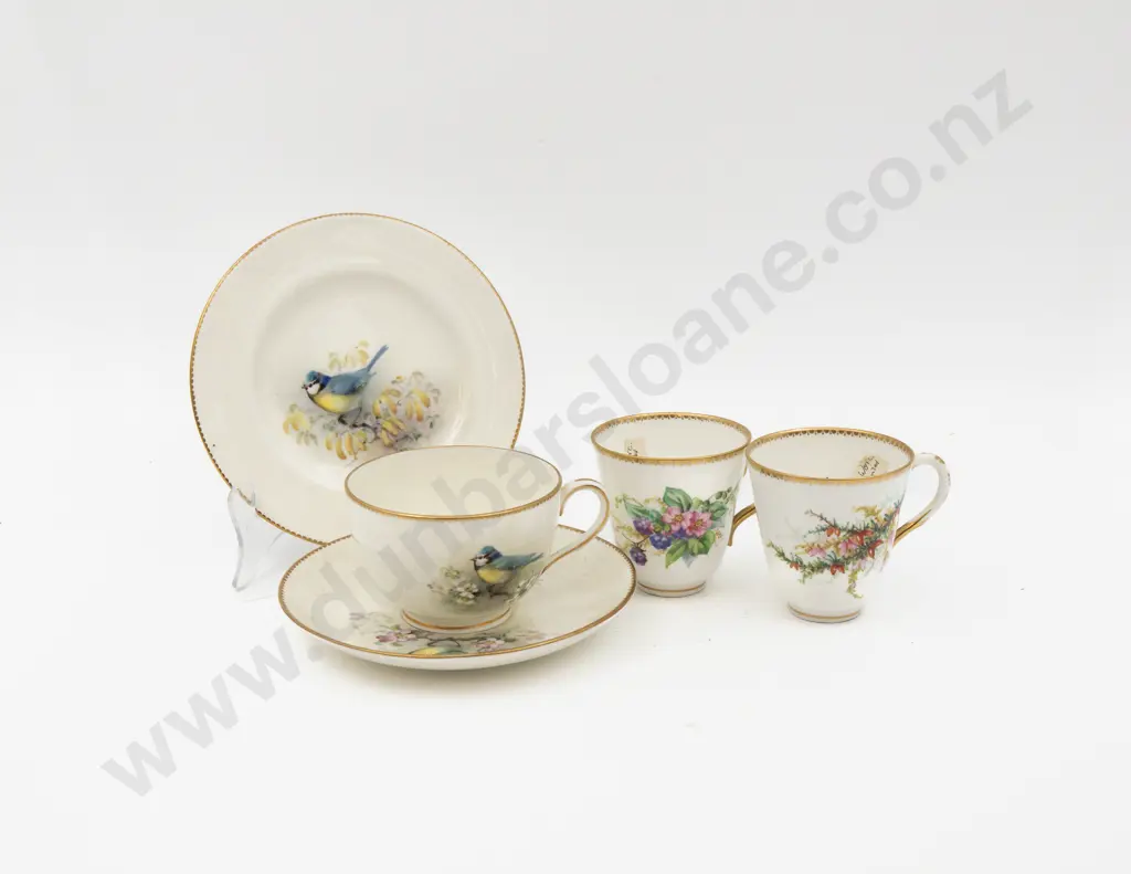 C1931 Royal Worcester Painted Bluebird Cup Saucer Plate Signed W Powell with Two Odd Cups Image 1++