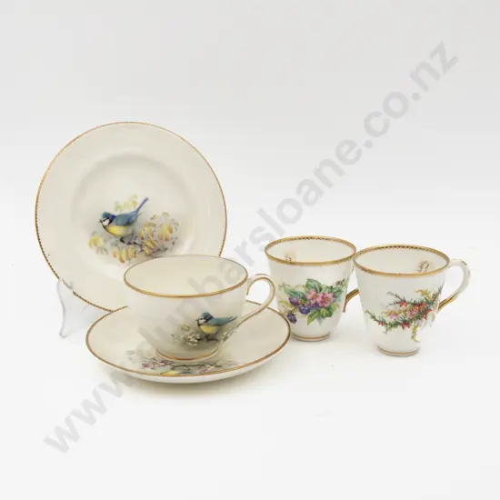 C1931 Royal Worcester Painted Bluebird Cup Saucer Plate Signed W Powell with Two Odd Cups