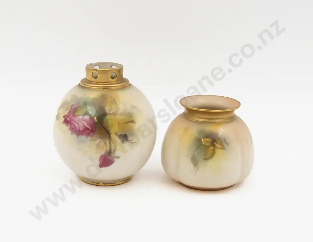 C1918 Two Royal Worcester Posy Pots Painted with Roses Signed E Spilsbury & M Hunt Image 1++