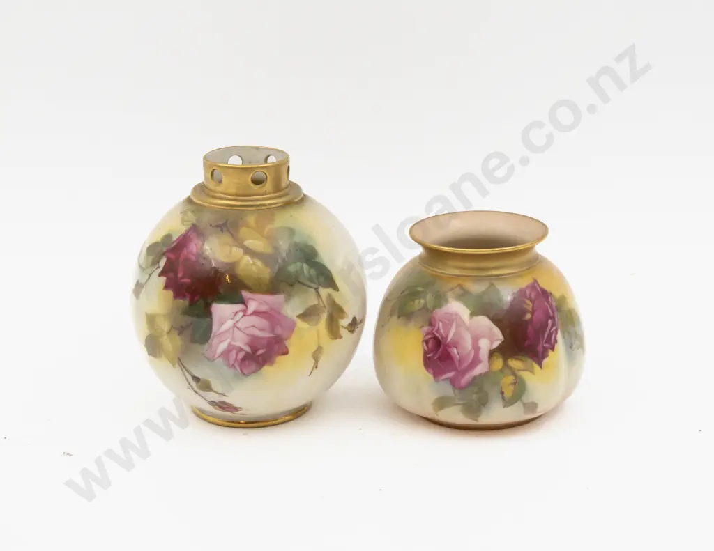 C1918 Two Royal Worcester Posy Pots Painted with Roses Signed E Spilsbury & M Hunt Image 1++