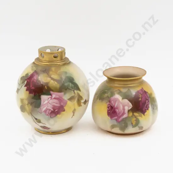 C1918 Two Royal Worcester Posy Pots Painted with Roses Signed E Spilsbury & M Hunt