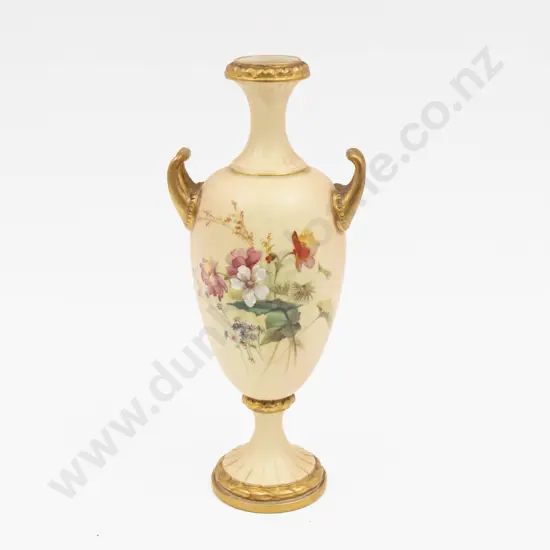 C1901 Royal Worcester Peach Ground Hand Painted Floral Urn 24cm H