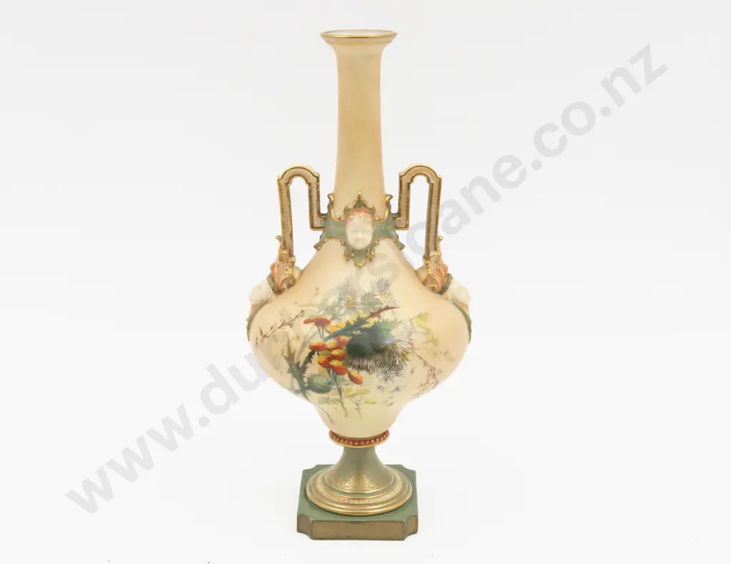 C1900 Royal Worcester Peach Ground Hand Painted Thistle Florals Urn 29cm H Image 1++