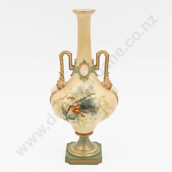 C1900 Royal Worcester Peach Ground Hand Painted Thistle Florals Urn 29cm H
