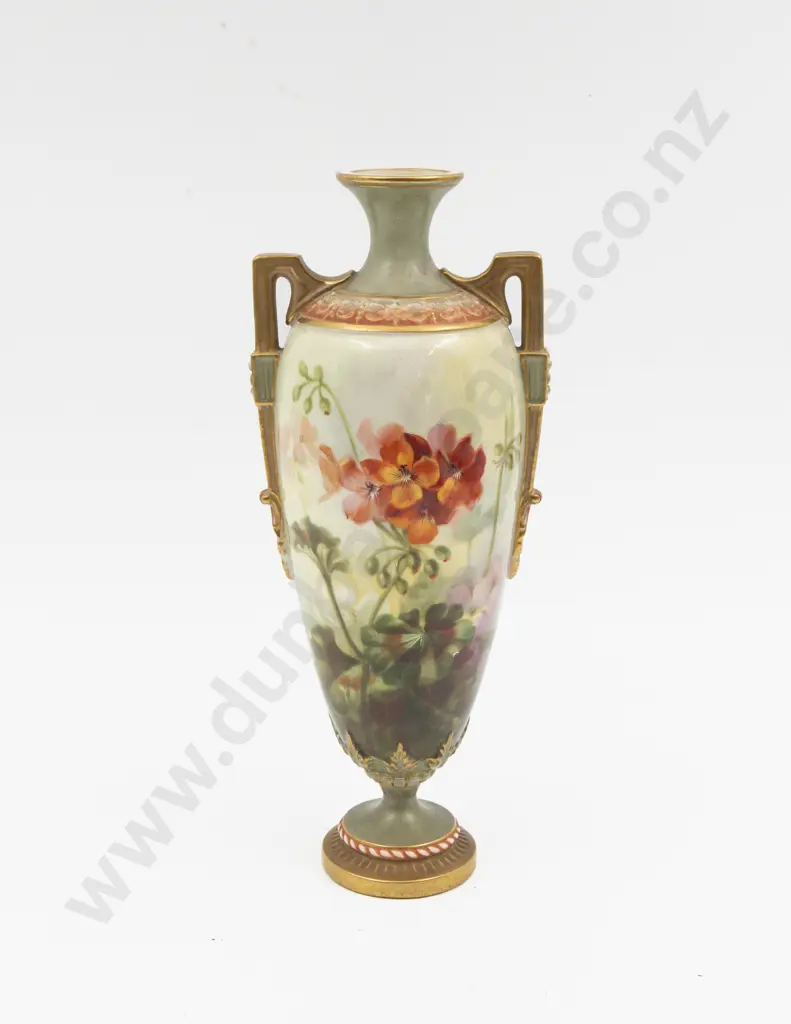 C1920 Royal Worcester Hand Painted Urn Geraniums Signed Richardson Image 1++