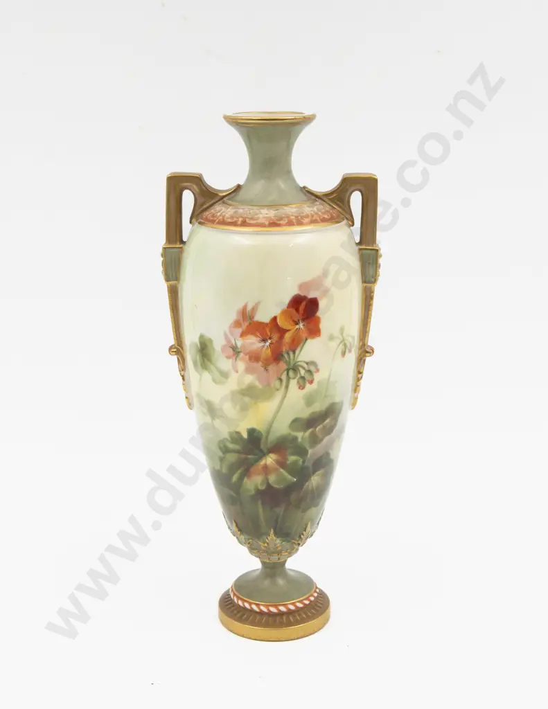 C1920 Royal Worcester Hand Painted Urn Geraniums Signed Richardson Image 1++