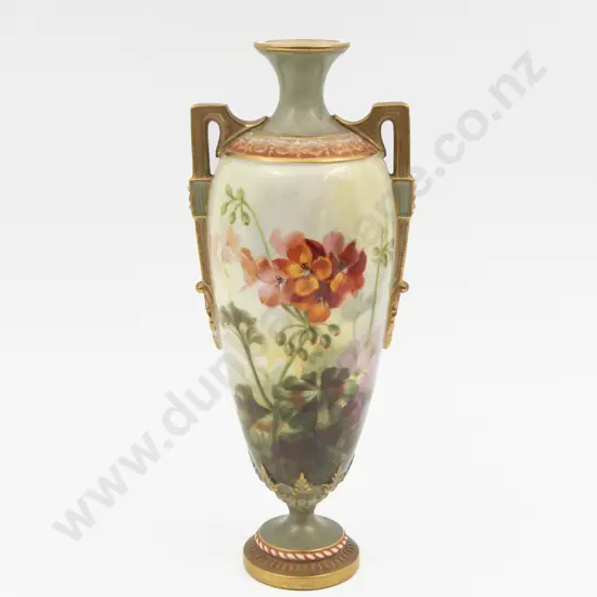 C1920 Royal Worcester Hand Painted Urn Geraniums Signed Richardson