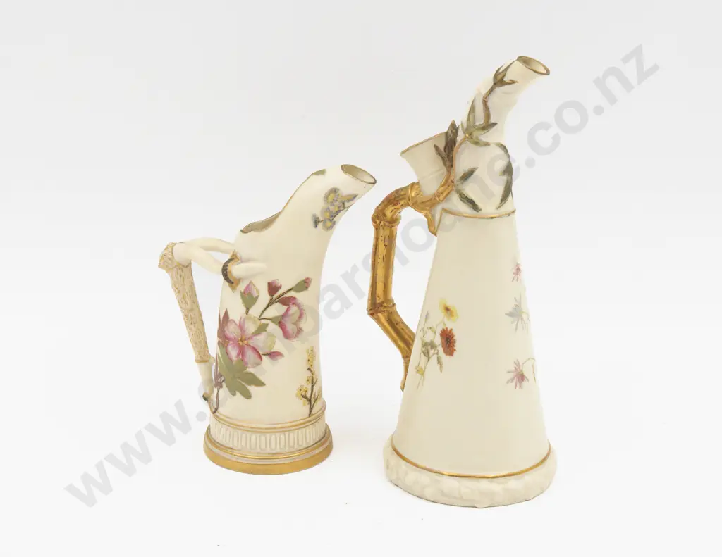 C1889 Two Royal Worcester Ivory Ground Floral Painted Ice Jugs Image 1++