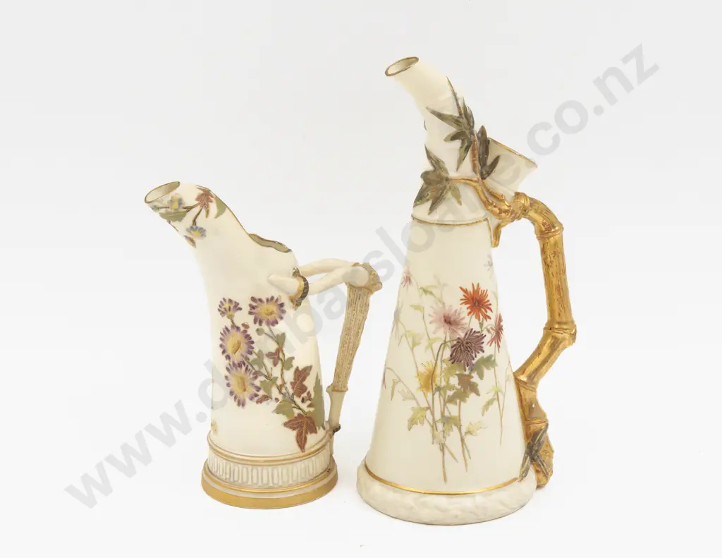 C1889 Two Royal Worcester Ivory Ground Floral Painted Ice Jugs Image 1++
