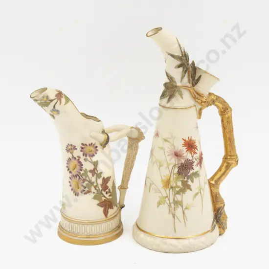 C1889 Two Royal Worcester Ivory Ground Floral Painted Ice Jugs