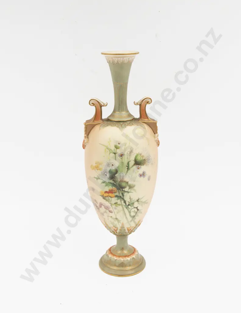 C1903 Royal Worcester Peach Ground Thistle Painted Urn Image 1++
