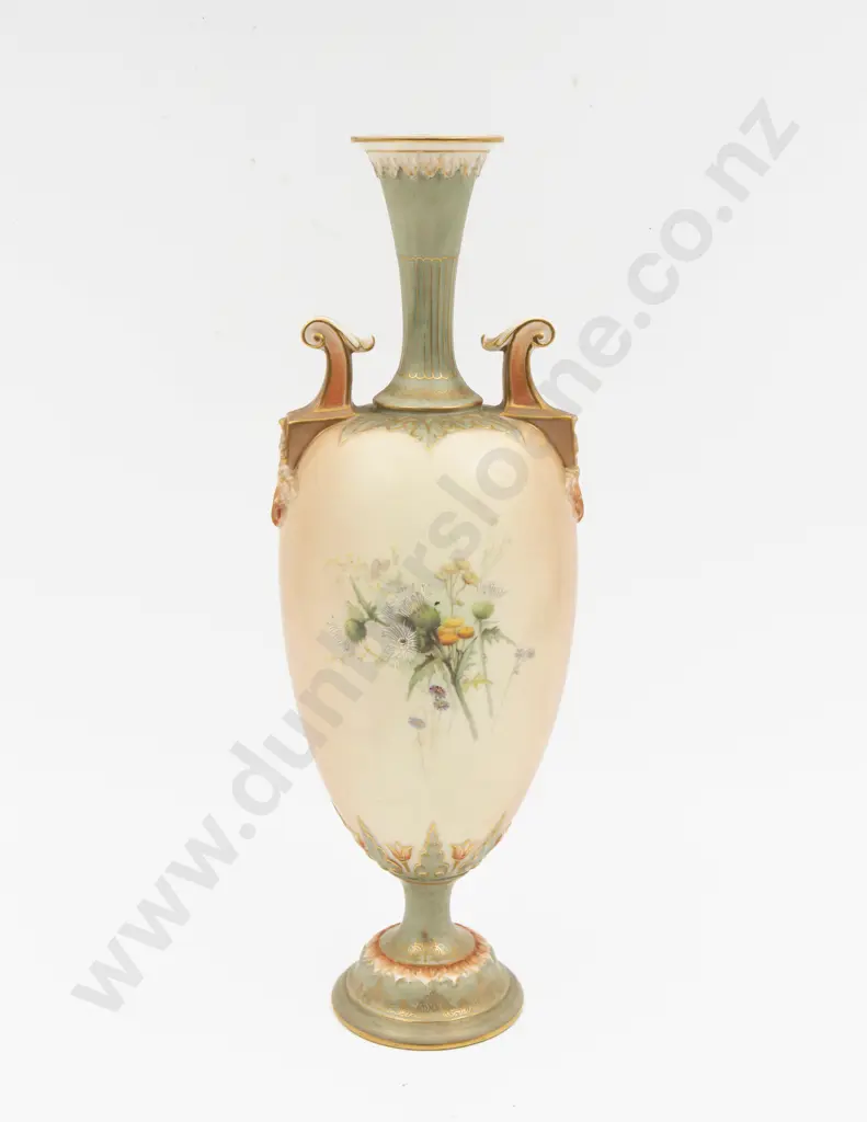 C1903 Royal Worcester Peach Ground Thistle Painted Urn Image 1++