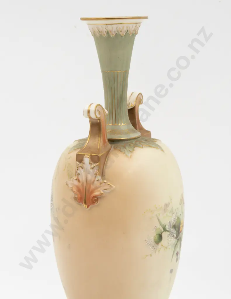 C1903 Royal Worcester Peach Ground Thistle Painted Urn Image 1++
