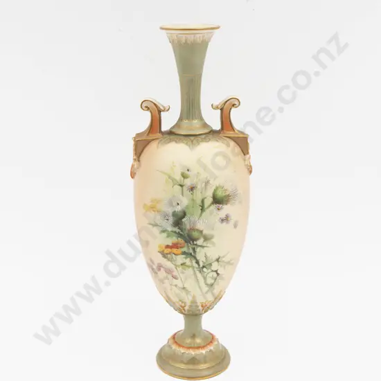 C1903 Royal Worcester Peach Ground Thistle Painted Urn