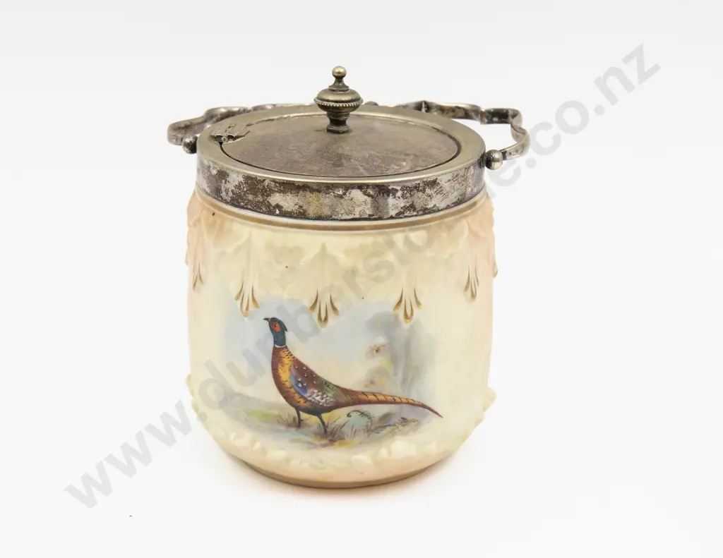 Locke Worcester Peach Ground Pheasant Painted Biscuit Barrel Image 1++