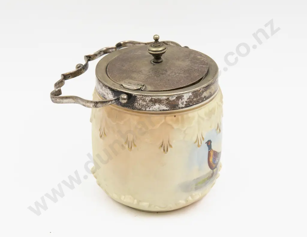 Locke Worcester Peach Ground Pheasant Painted Biscuit Barrel Image 1++