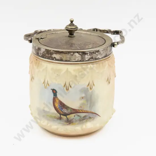 Locke Worcester Peach Ground Pheasant Painted Biscuit Barrel