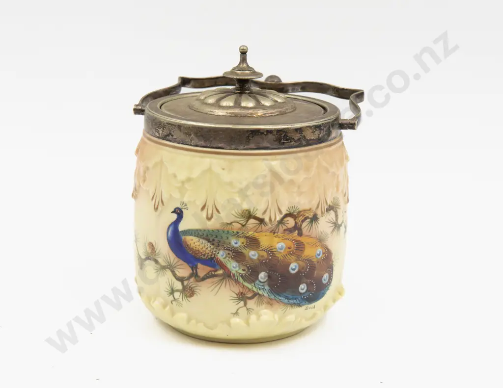 Locke Worcester Peach Ground Peacock Painted Biscuit Barrel Image 1++