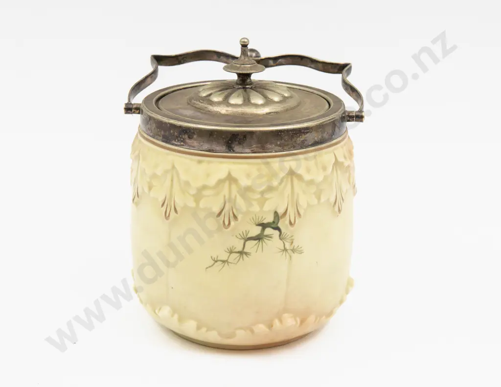 Locke Worcester Peach Ground Peacock Painted Biscuit Barrel Image 1++