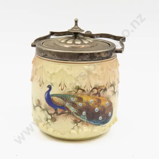 Locke Worcester Peach Ground Peacock Painted Biscuit Barrel