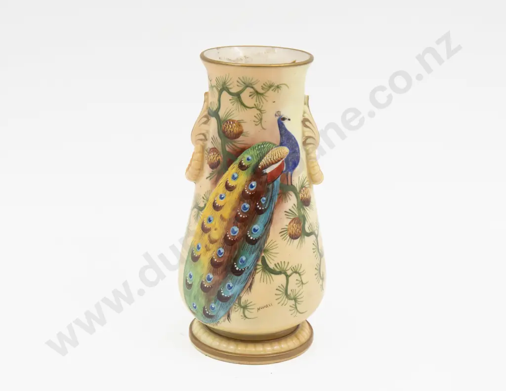 Locke Worcester Peach Ground Peacock Painted Vase Image 1++