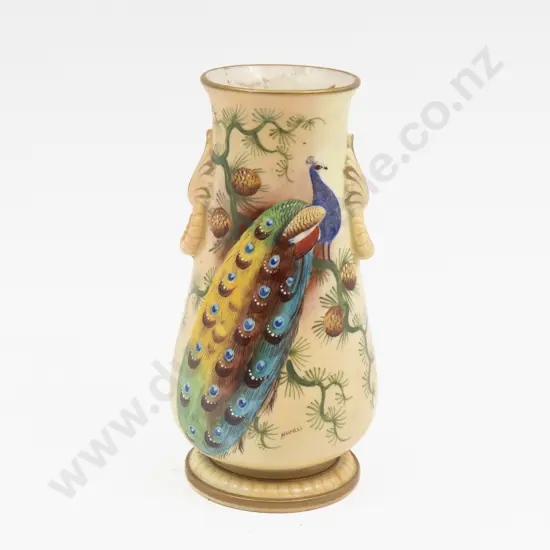 Locke Worcester Peach Ground Peacock Painted Vase