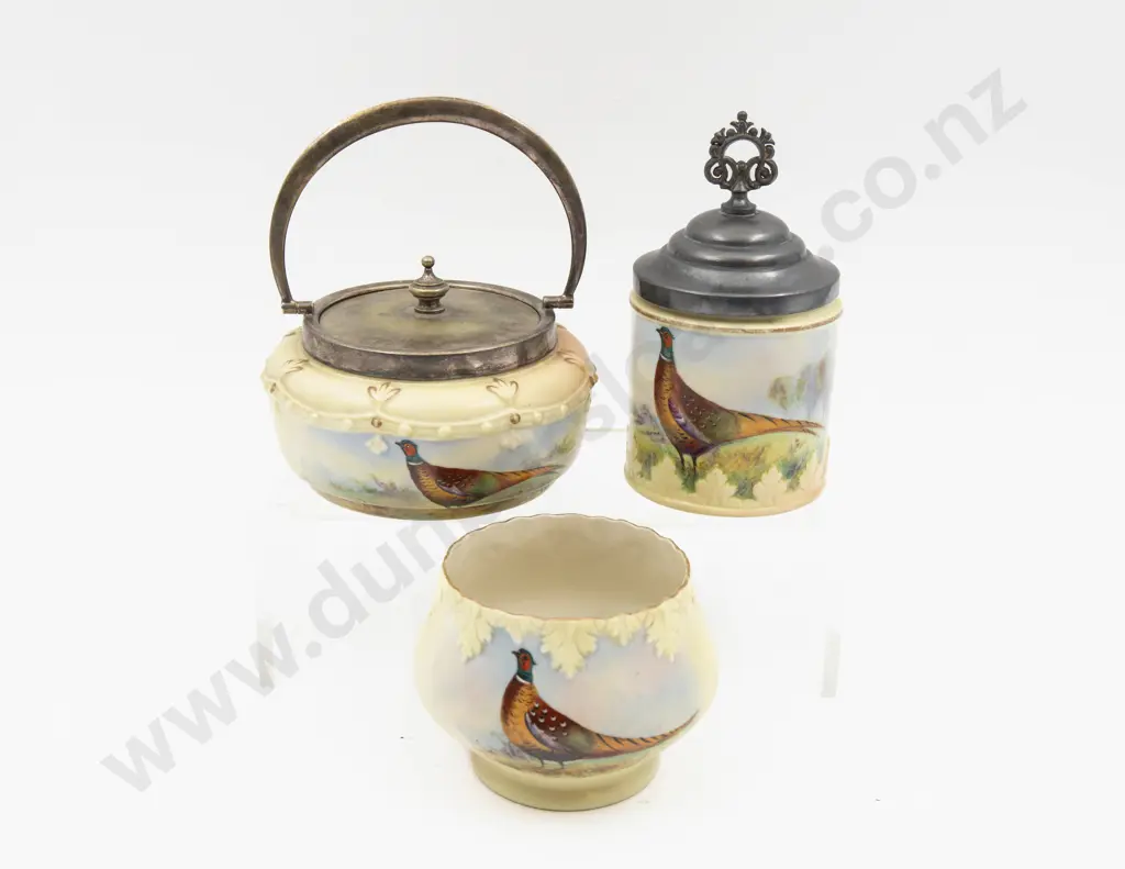 Locke Worcester Peach Ground Pheasant Painted Preserve Dish and Two Sugar Pots Image 1++