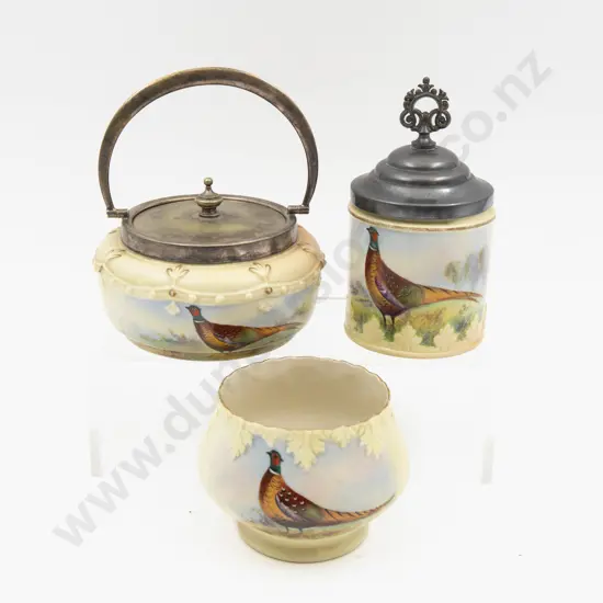 Locke Worcester Peach Ground Pheasant Painted Preserve Dish and Two Sugar Pots
