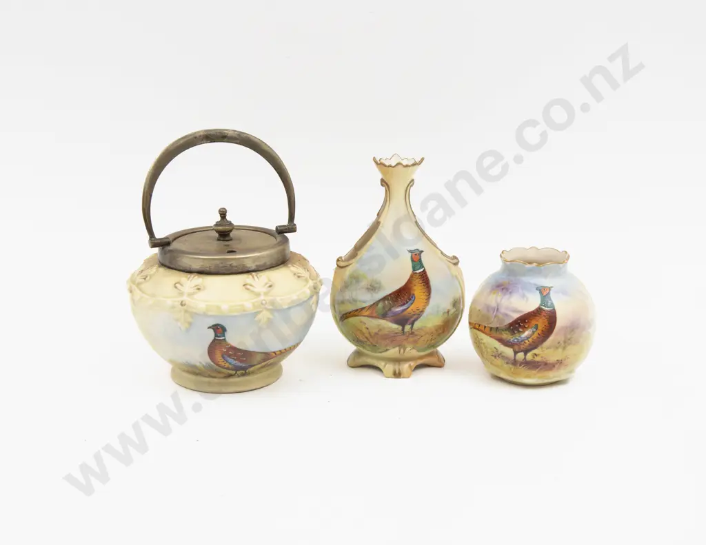 Locke Worcester Peach Ground Pheasant Painted Preserve Dish and Two Posy Pots Image 1++