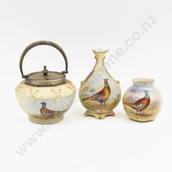 Locke Worcester Peach Ground Pheasant Painted Preserve Dish and Two Posy Pots
