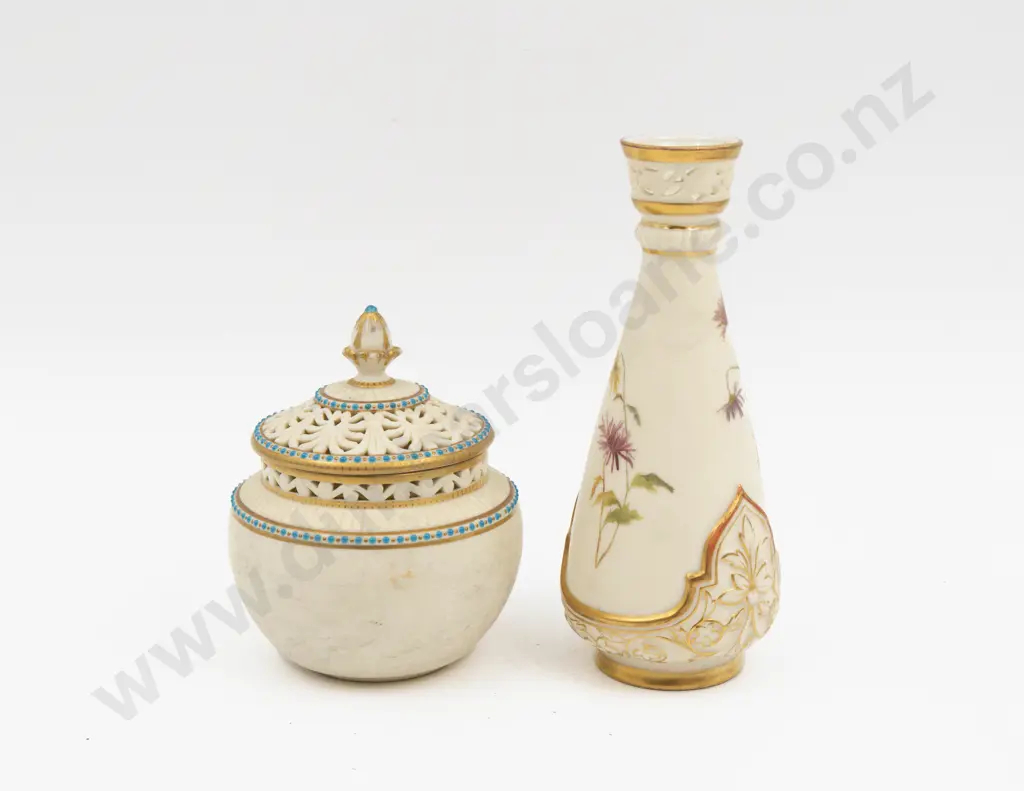 C1891 Royal Worcester Ivory Ground Floral Painted Vase and Grainger Worcester Lidded Pot Image 1++