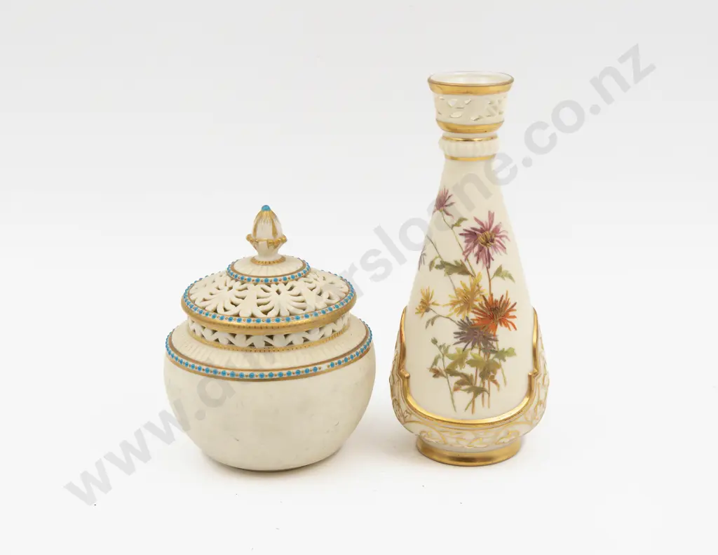 C1891 Royal Worcester Ivory Ground Floral Painted Vase and Grainger Worcester Lidded Pot Image 1++