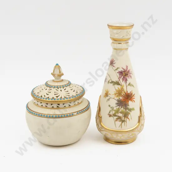 C1891 Royal Worcester Ivory Ground Floral Painted Vase and Grainger Worcester Lidded Pot